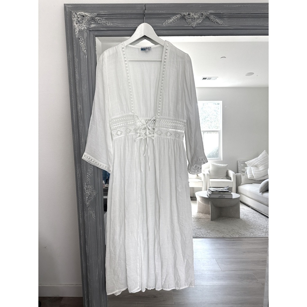 Rebellion Again Fairy Ethereal Gauze Lace Up Boho Midi Crochet Kimono Coverup S